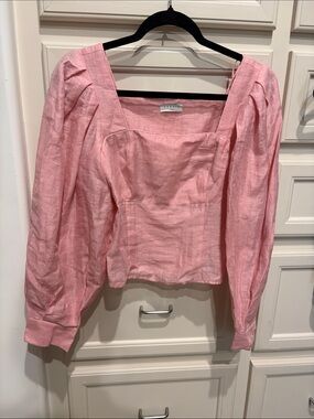 Sandro Pink Square-Neck Puff Sleeve Linen Blouse